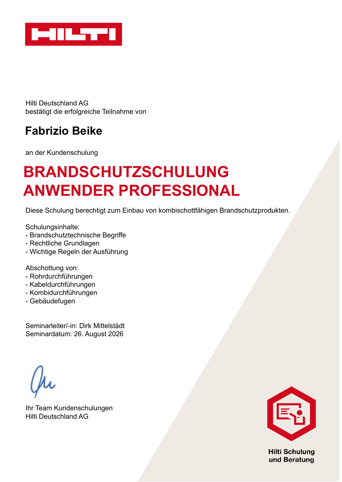Hilti-Teilnahmebescheinigung für Fabrizio Beike
